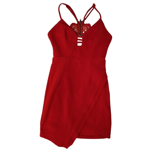 LF Rumor Boutique Asymmetrical Bodycon Wrap skirt Lace Backless Mini Dress - Red - Picture 4 of 8